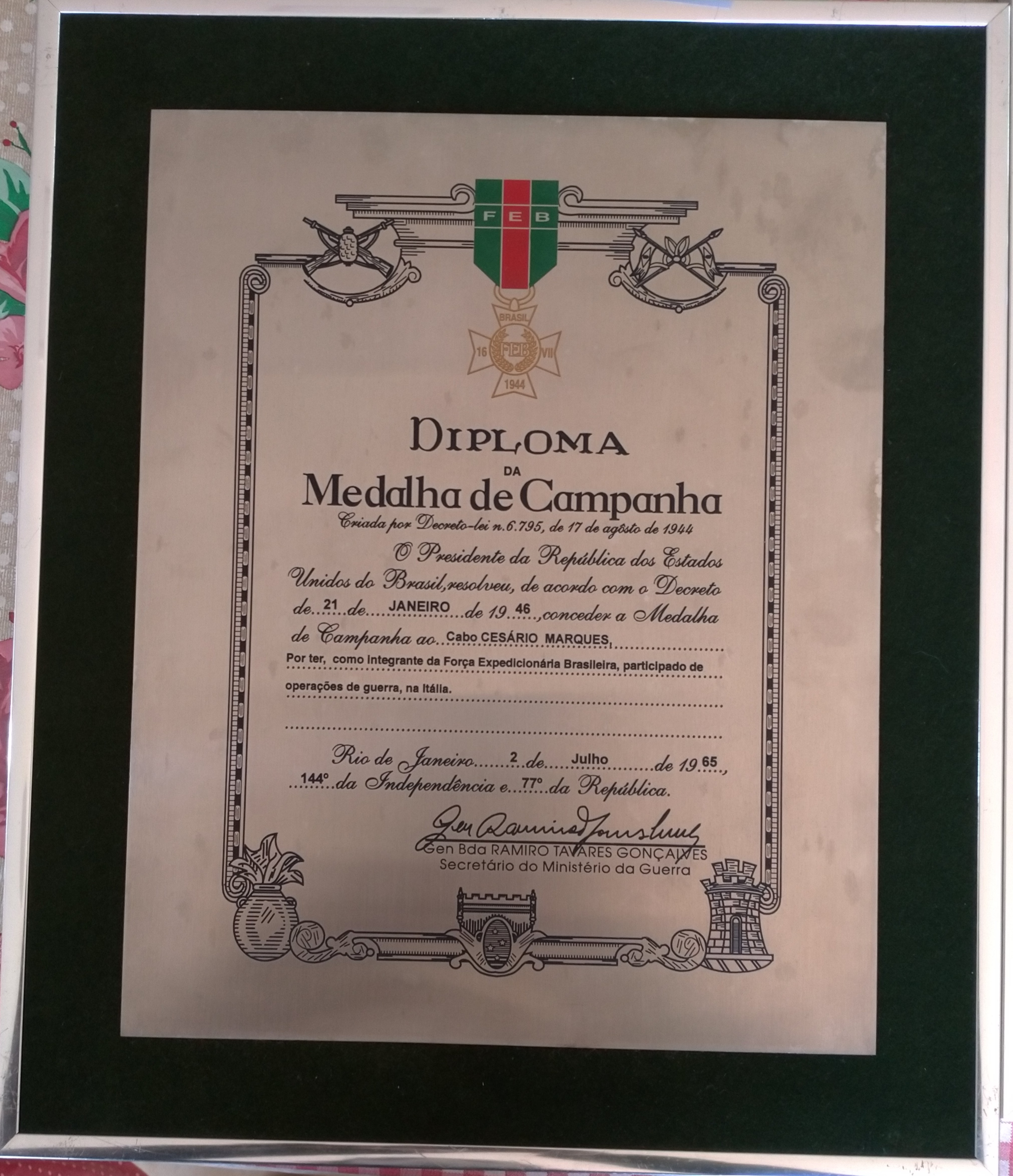 Diploma da Medalha de Campanha - Emoldurado em Aço - Cabo Cesário Marques