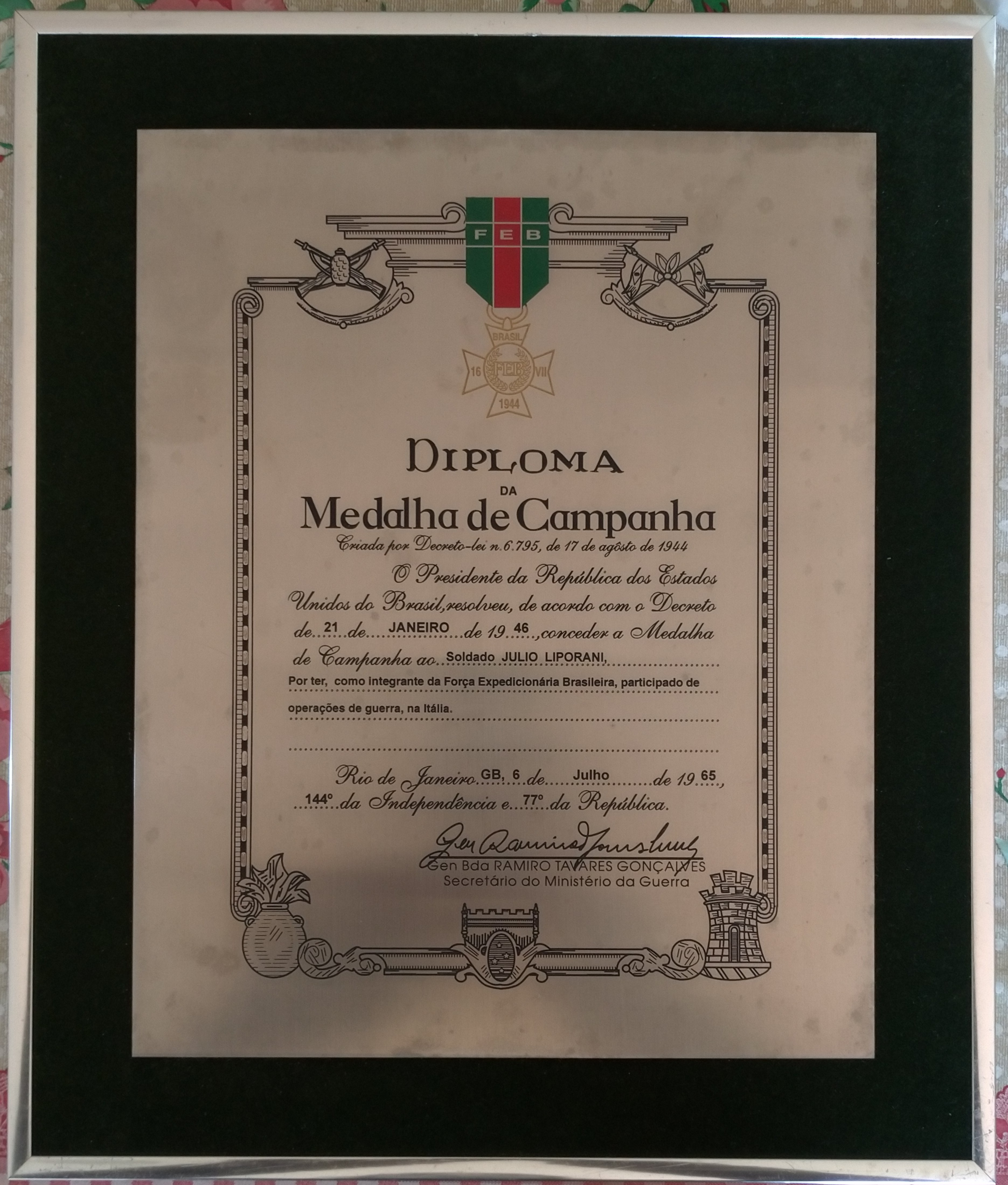 Diploma da Medalha de Campanha - Emoldurado em Aço - Soldado Julio Liporani