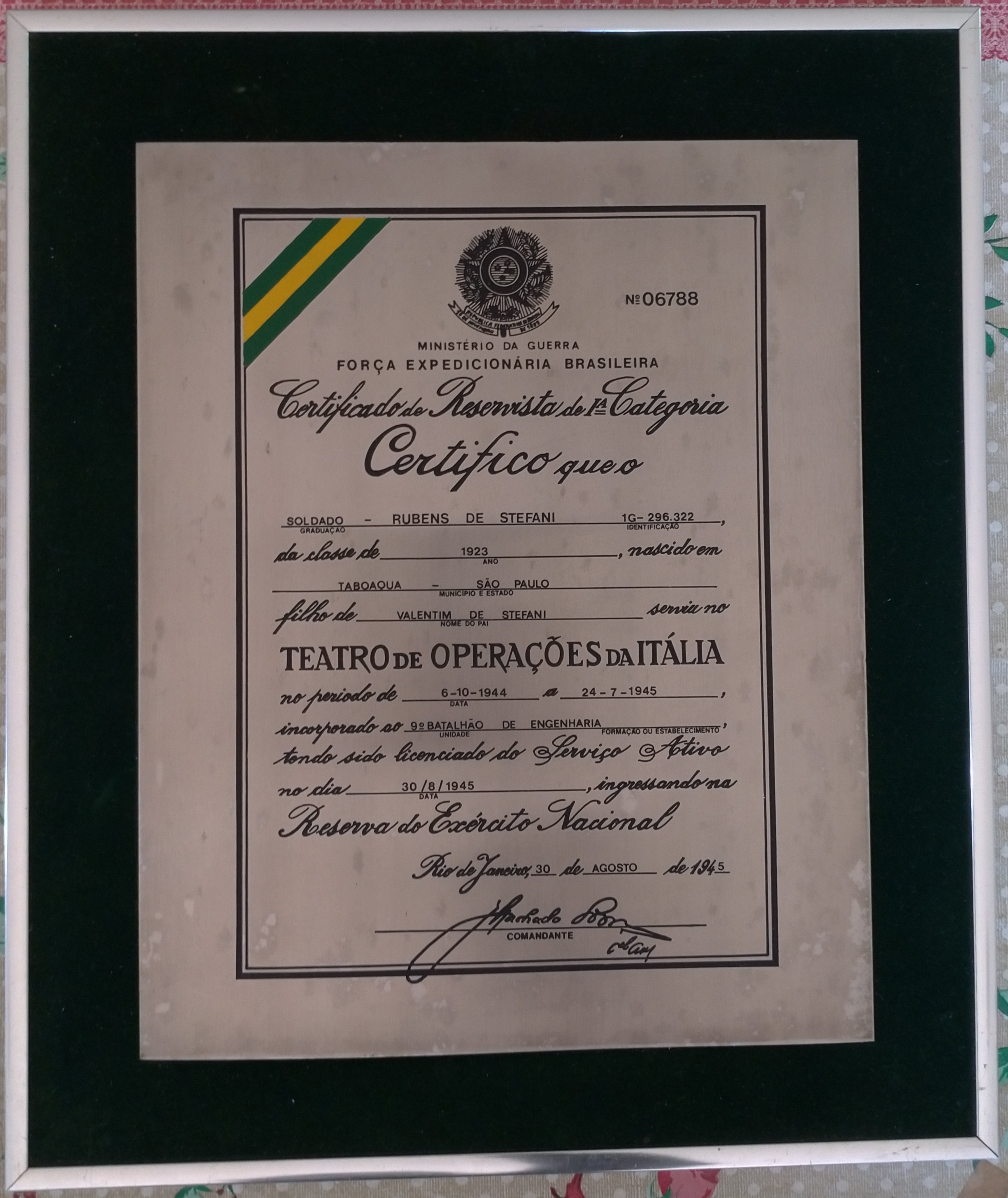 Certificado de Reservista de 1ª Categoria - Emoldurado em Aço - Soldado Rubens de Stefani